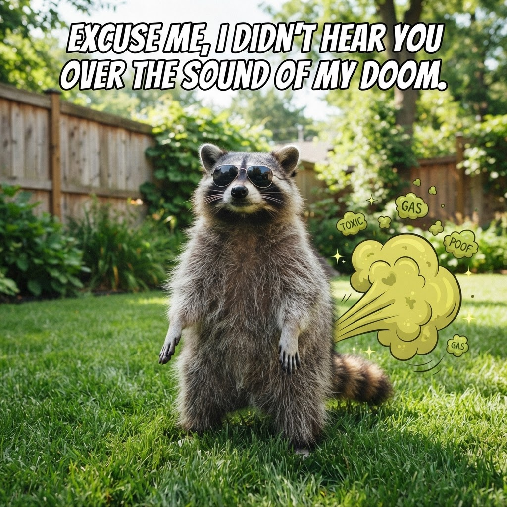 Meme version of Jim the raccoon with sunglasses